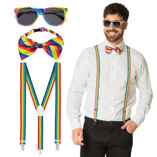 Accessoires Rainbow Brille, Hosenträger & Fliege