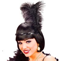Stirnband 25 cm schwarz Pailletten mit 2 Federn