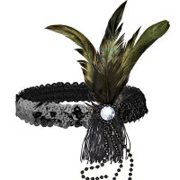 Stirnband schwarz mit Pailletten & Federn