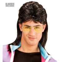 Perücke 80er Jahre Vokuhila schw. mit Brille