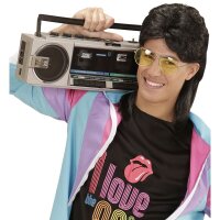 Perücke 80er Jahre Vokuhila schw. mit Brille