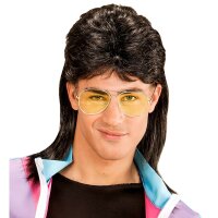Perücke 80er Jahre Vokuhila schw. mit Brille