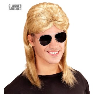 Perücke Vokuhila 80er blond mit Sonnenbrille