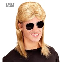 Perücke Vokuhila 80er blond mit Sonnenbrille