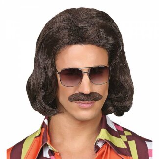 Perücke Dandy 70er braun mit Schnurrbart