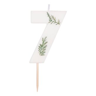 Zahlenkerze 7 weiß mit Blättern