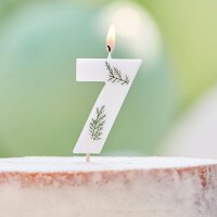 Zahlenkerze 7 weiß mit Blättern