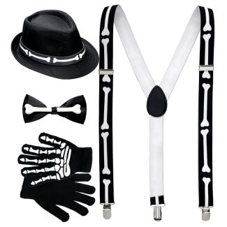 Skelett Zubehörset – Hosenträger, Fliege, Handschuhe & Hut