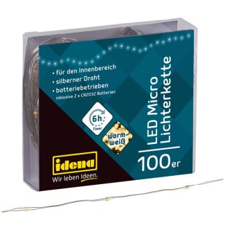 Idena Micro Lichterkette 100LED,warmweiss,6h-Timer Silberdraht, für Innen