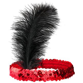 Paillettenkopfband rot mit schwarzer Feder