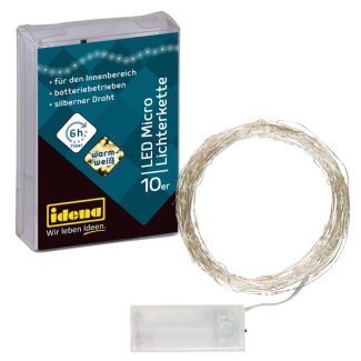 Idena Micro Lichterkette 10LED, warmweiß,6h-Timer silberner Draht,für Innen