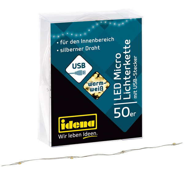 Idena Lichterkette 50 Micro LED ww USB Silberdraht für Innen