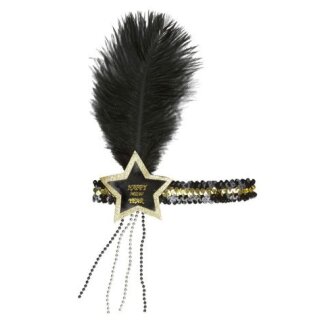Haarband Happy New Year mit Stern, gold-schwarz mit Feder