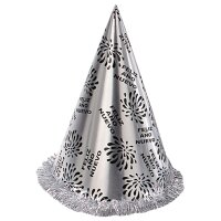 Kegelhut Feliz Año Nuevo Silber, mit Fransen
