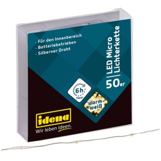 Idena Micro Lichterkette 50 LED,warmweiß, 6h-Timer silberner Draht,für Innen