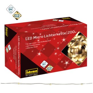 Idena Micro Lichterkette 200 LED warmweiß 8h Timer Silberdraht f.Inneußen