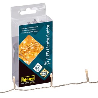 Idena LED-Lichterkette 30er WW mit 6h Timer 3xAA Batterien, für Innen