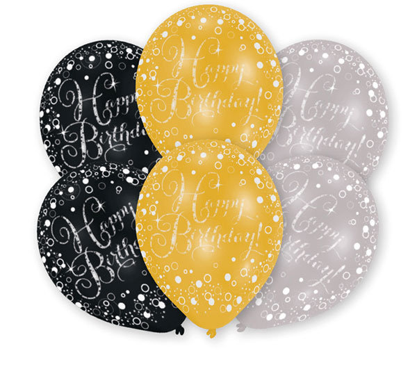 Luftballons 27,5cm Happy Birthday gold silber 6er