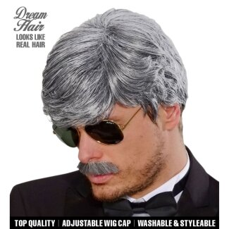 WIDMANN Perücke Playboy Dream Hair und Schnurrbart grau
