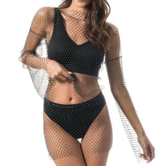 CHAKS Erwachsenenkostüm Festival Top Mesh mit Strasssteinen schwarz Einheitsgröße