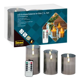 LED Echtwachskerzen - 3er Set, im Glas, batteriebetrieben