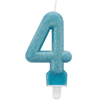 Zahlenkerze 4 mit Glitzer türkis 7,6 cm
