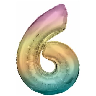 Folienballon Zahl 6 86 cm regenbogen-pastell