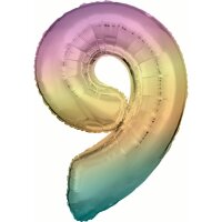 Folienballon Zahl 9 86cm regenbogen-pastell