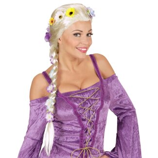 Perücke blond mit Blumen & langem Zopf
