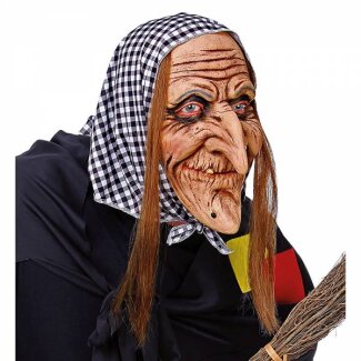 Hexenmaske Latex mit Haaren & Kopftuch