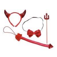 Teufel Set 4-teilig Haarreif,Fliege, Dreizack & Schwanz