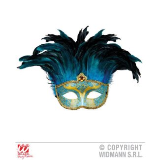 Maske Contessa Blau mit Glitzer & Federn