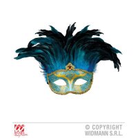 Maske Contessa Blau mit Glitzer & Federn