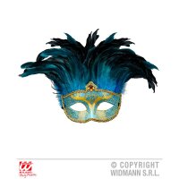 Maske Contessa Blau mit Glitzer & Federn